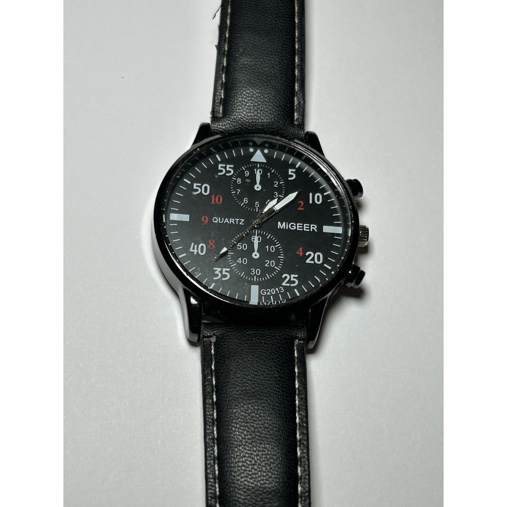 Men's Migeer Wuartz Wristwatch  Black Leather Band. Needs New Battery